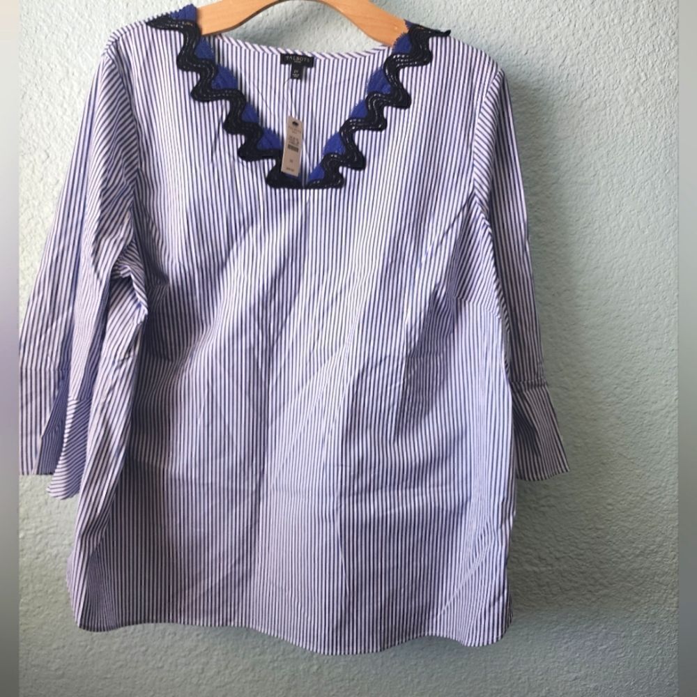 Talbots Embroidered Neckline Pinstripe Bell Sleeve Blouse New with tags coastal